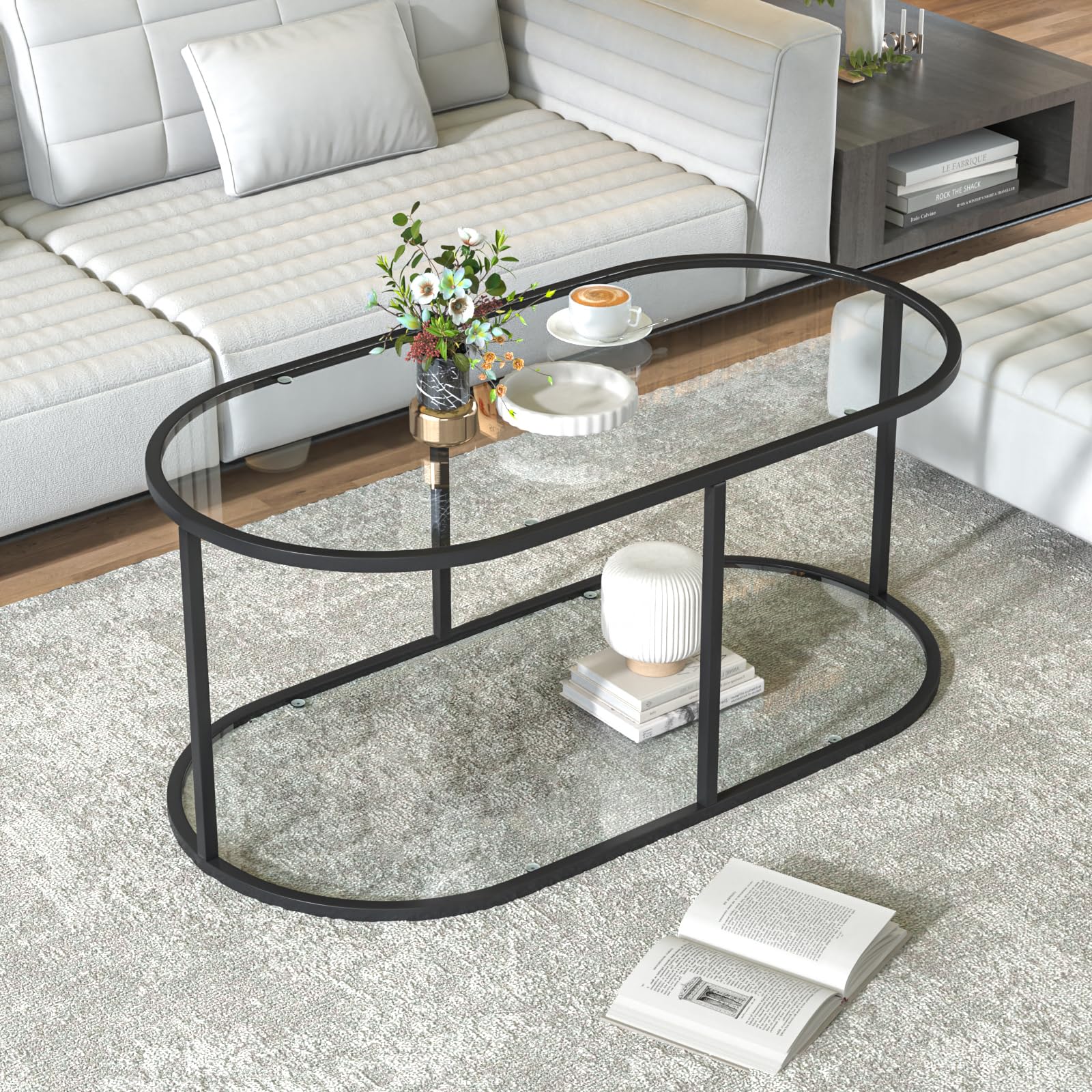 Wolawu Coffee Table Black Glass Coffee Table for Living Room